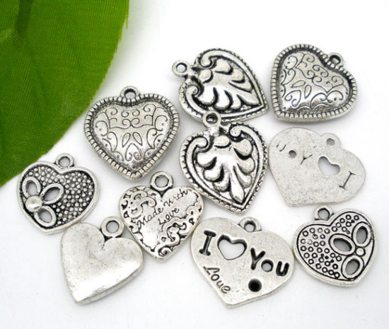 Picture of 20 PCs Mixed Antique Silver Color Valentine Heart Charms Pendants