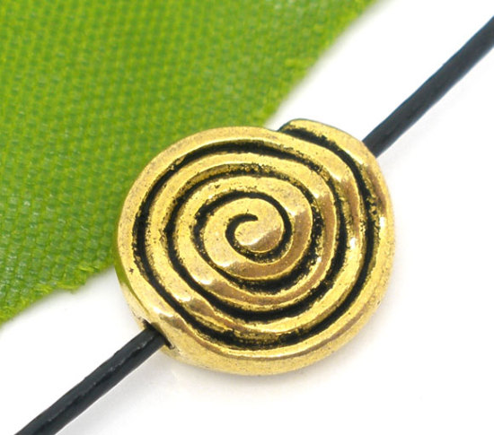 Immagine di Lega di Zinco Separatori Perline Tondo Piatto Oro Antico Spirale Disegno Circa 12.0mm x 11.0mm, Foro:Circa 1.0mm, 50 Pz