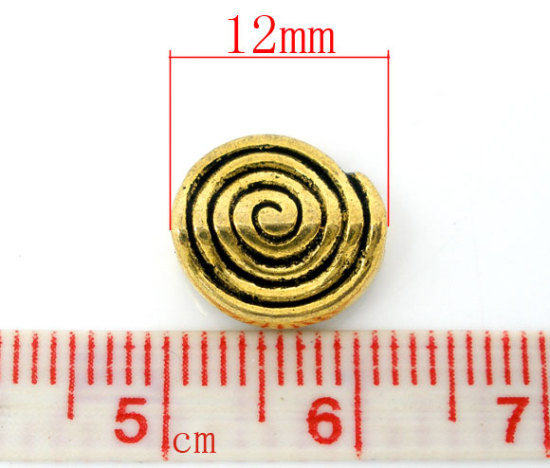 Immagine di Lega di Zinco Separatori Perline Tondo Piatto Oro Antico Spirale Disegno Circa 12.0mm x 11.0mm, Foro:Circa 1.0mm, 50 Pz