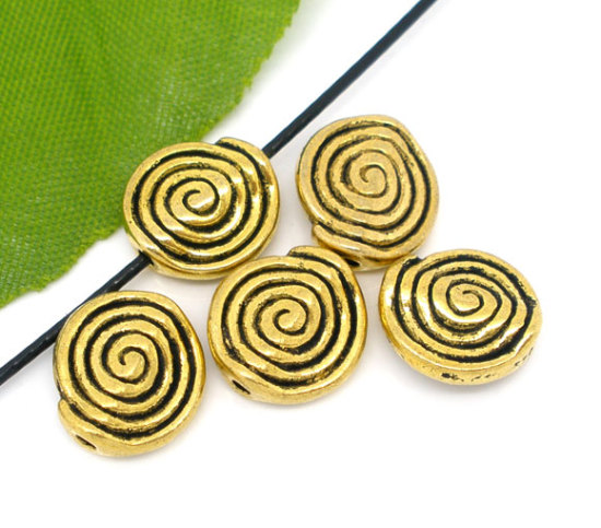 Immagine di Lega di Zinco Separatori Perline Tondo Piatto Oro Antico Spirale Disegno Circa 12.0mm x 11.0mm, Foro:Circa 1.0mm, 50 Pz