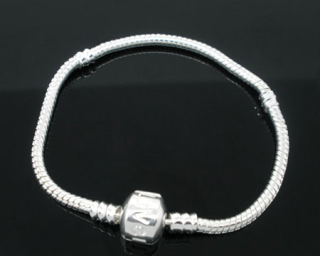 Copper European Style Snake Chain Charm Bracelets Silver Plated W/ "Love" Carved Stopper Clip 15cm long, 4 PCs