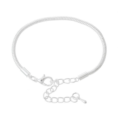 Copper European Style Snake Chain Charm Bracelets Silver Plated W/ Lobster Claw Clasp And Extender Chain 15cm long, 4 PCs