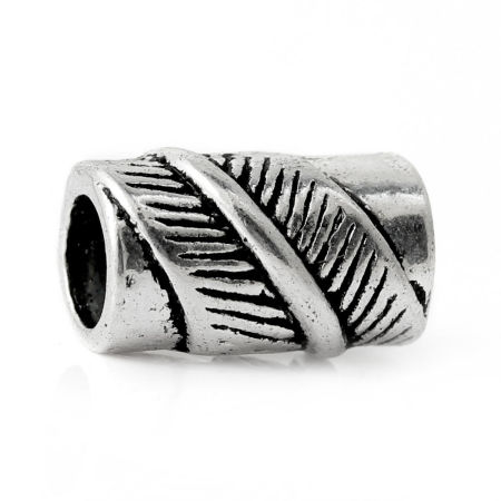Bild von Zinklegierung Charm-Perlen mit großem Loch im europäischen Stil Antiksilber Zylinder Blätter 11mm x 7mm, Loch: Ca. 4.1mm, 50 Stück