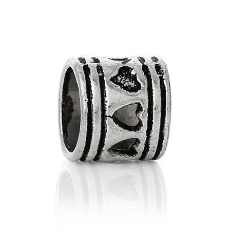 Bild von 50 Stück Zinklegierung Valentinstag Charm-Perlen mit großem Loch im europäischen Stil Antiksilber Zylinder Herz Hohl 7mm x 7mm, Loch: Ca. 5.3mm