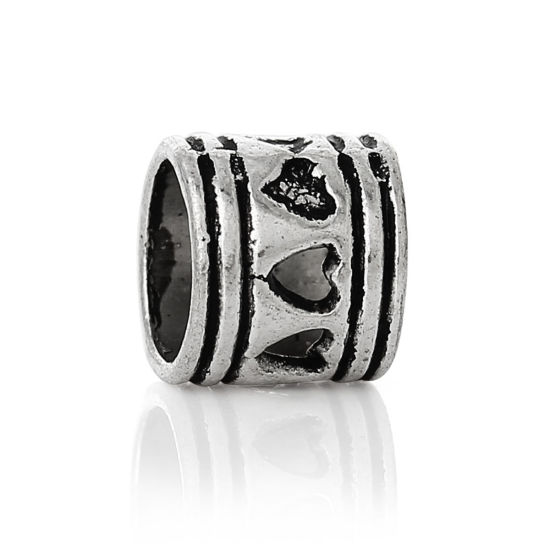 Immagine di 50 Pz Lega di Zinco San Valentino Perline di Fascino con Foro Grande in Stile Europeo Argento Antico Cilindrico Cuore Filigrana 7mm x 7mm, Foro:Circa 5.3mm