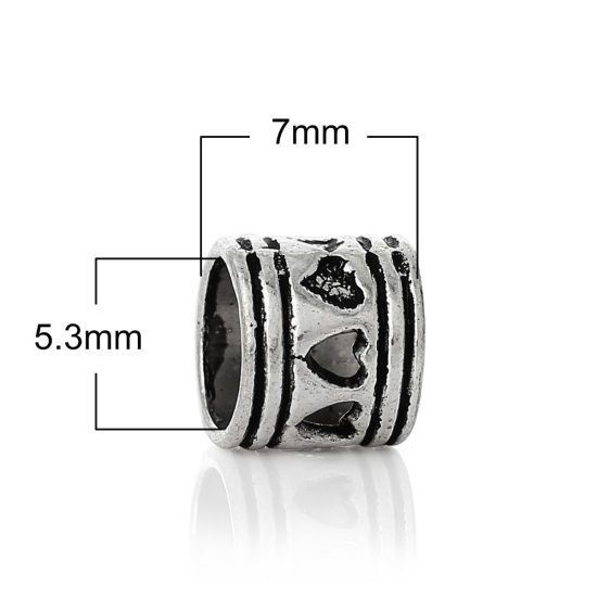 Immagine di 50 Pz Lega di Zinco San Valentino Perline di Fascino con Foro Grande in Stile Europeo Argento Antico Cilindrico Cuore Filigrana 7mm x 7mm, Foro:Circa 5.3mm