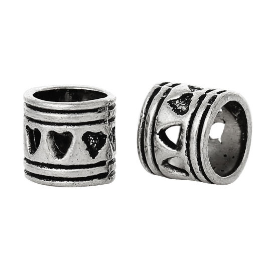 Immagine di 50 Pz Lega di Zinco San Valentino Perline di Fascino con Foro Grande in Stile Europeo Argento Antico Cilindrico Cuore Filigrana 7mm x 7mm, Foro:Circa 5.3mm