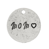 Picture of Zinc Metal Alloy Charm Pendants Round Disc Antique Silver Color Message " Mom " Carved 18mm(6/8") Dia, 50 PCs