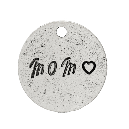 Zinc Metal Alloy Charm Pendants Round Disc Antique Silver Color Message " Mom " Carved 18mm(6/8") Dia, 50 PCs