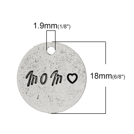 Bild von Zinklegierung Charm Anhänger Rund Antiksilber Message " Mom " 18mm D., 50 Stücke