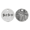 Picture of Zinc Metal Alloy Charm Pendants Round Disc Antique Silver Color Message " Mom " Carved 18mm(6/8") Dia, 50 PCs