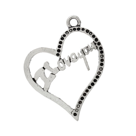 Bild von Zinklegierung Charm Anhänger Herz Antiksilber Message " I Love you " 30mm x 23mm, 50 Stücke