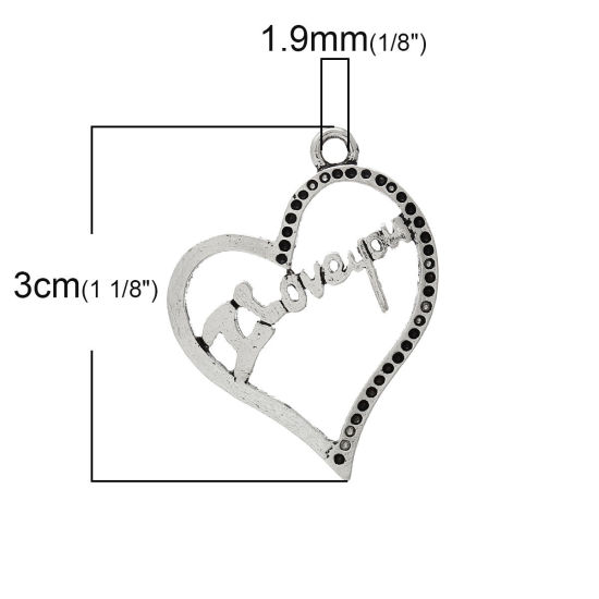 Bild von Zinklegierung Charm Anhänger Herz Antiksilber Message " I Love you " 30mm x 23mm, 50 Stücke