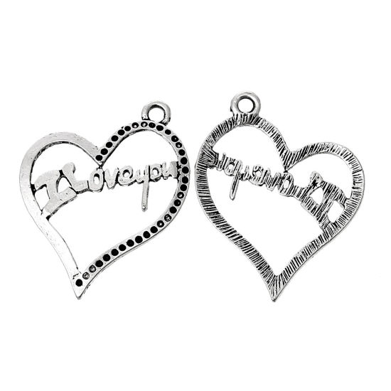 Bild von Zinklegierung Charm Anhänger Herz Antiksilber Message " I Love you " 30mm x 23mm, 50 Stücke