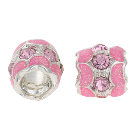 Picture of Zinc Metal Alloy European Style Large Hole Charm Beads Barrel Silver Plated Pink Enamel Pink Rhinestone About 11mm( 3/8") x 10mm( 3/8"), Hole: Approx 4.7mm, 10 PCs