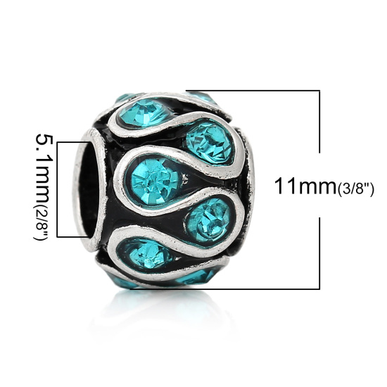 Picture of Zinc Metal Alloy European Style Large Hole Charm Beads Barrel Antique Silver Color Pattern Carved Blue Rhinestone About 11mm x 8mm, Hole: Approx 5.1mm, 10 PCs