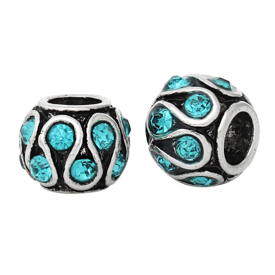 Picture of Zinc Metal Alloy European Style Large Hole Charm Beads Barrel Antique Silver Color Pattern Carved Blue Rhinestone About 11mm x 8mm, Hole: Approx 5.1mm, 10 PCs