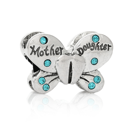 Aleación del Metal Del Zinc de Estilo Europeo Cuentas Agujeros Grandes Mariposa Plata Antigua Mensaje " Mother Daughter " Rhinestone Letras Patrón Aprox Azul Tallado Aprox 22mm x 15mm, Agujero: acerca de 4.8mm, 5 Unidades