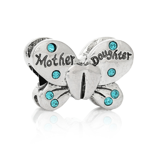 Picture of Zinc Metal Alloy European Style Large Hole Charm Beads Butterfly Antique Silver Message " Mother Daughter " Carved Blue Rhinestone About 22mm( 7/8") x 15mm( 5/8"), Hole: Approx 4.8mm, 5 PCs