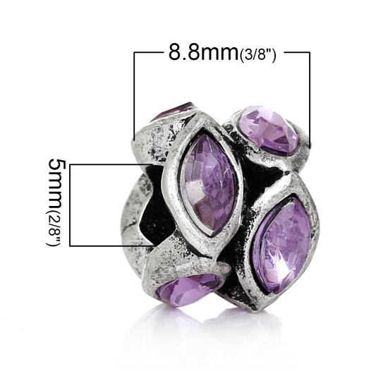 Picture of Zinc Metal Alloy European Style Large Hole Charm Beads Oval Antique Silver Color Purple Rhinestone About 12mm x 12mm, Hole: Approx 5mm, 10 PCs