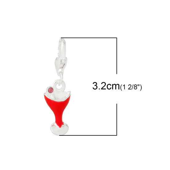 Picture of Zinc Based Alloy Clip On Charms For Vintage Charm Bracelets Wine Goblet Tableware Silver Plated Red Enamel Pink Rhinestone 3.2cm(1 2/8") x 0.9cm(3/8"), 10 PCs
