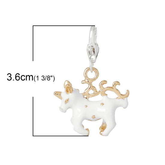 Picture of Zinc Metal Alloy Clip On Charms For Vintage Charm Bracelets Horse Animal Silver Plated White Enamel 3.6cm(1 3/8") x 2.4cm(1"), 5 PCs