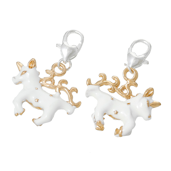 Picture of Zinc Metal Alloy Clip On Charms For Vintage Charm Bracelets Horse Animal Silver Plated White Enamel 3.6cm(1 3/8") x 2.4cm(1"), 5 PCs