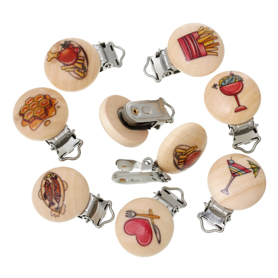Picture of Wood Baby Pacifier Clip Round At Random Mixed 44mm(1 6/8") x 29mm(1 1/8"), 5 PCs