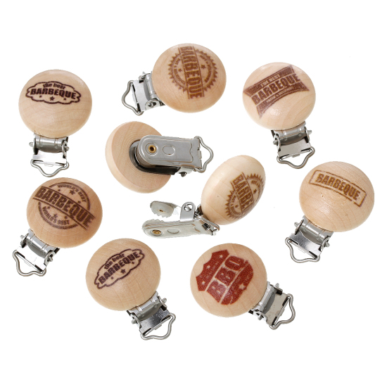 Picture of Wood Baby Pacifier Clip Round Message Pattern At Random 43mm(1 6/8") x 29mm(1 1/8"), 5 PCs