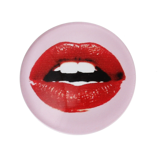 Picture of Glass Dome Seals Cabochons Round Flatback Pink & Red Lip Pattern 20mm( 6/8") Dia, 2 PCs