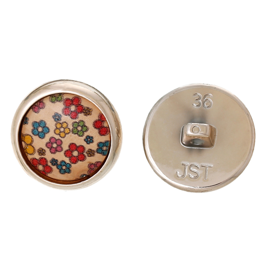 Picture of Plastic & Wood Sewing Shank Buttons Round Multicolor Flower Pattern 23mm( 7/8") Dia, 20 PCs