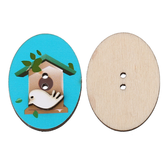 Immagine di Legno Bottone da Cucire ScrapbookBottone Ovale Blu Due Fori Gabbia per Uccelli Disegno 32mm x 24mm, 20 Pz