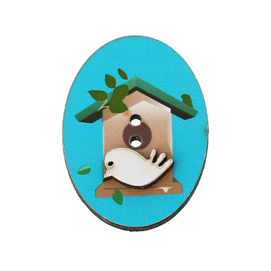 Immagine di Legno Bottone da Cucire ScrapbookBottone Ovale Blu Due Fori Gabbia per Uccelli Disegno 32mm x 24mm, 20 Pz