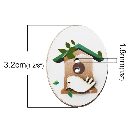 Immagine di Legno Bottone da Cucire ScrapbookBottone Ovale Bianco Due Fori Gabbia per Uccelli Disegno 32mm x 24mm, 20 Pz