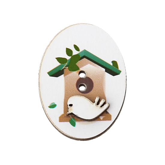 Immagine di Legno Bottone da Cucire ScrapbookBottone Ovale Bianco Due Fori Gabbia per Uccelli Disegno 32mm x 24mm, 20 Pz