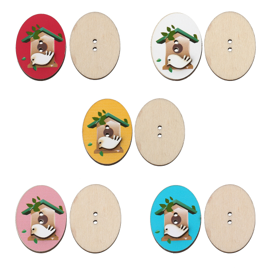 Picture of Wood Sewing Button Scrapbooking Oval Mixed Birdcage Pattern 2 Holes 32mm x 24mm(1 2/8"x 1"), 20 PCs