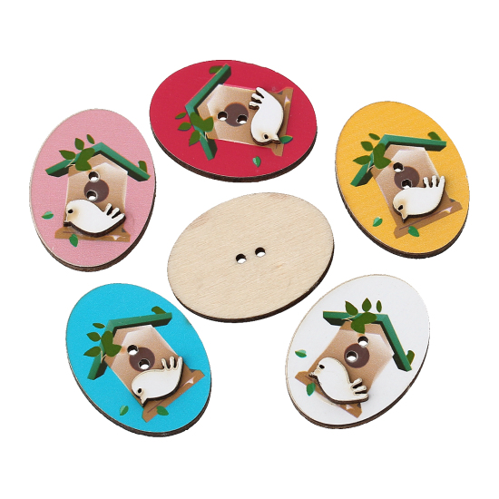 Picture of Wood Sewing Button Scrapbooking Oval Mixed Birdcage Pattern 2 Holes 32mm x 24mm(1 2/8"x 1"), 20 PCs