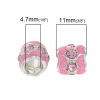 Picture of Zinc Metal Alloy European Style Large Hole Charm Beads Barrel Silver Plated Pink Enamel Pink Rhinestone About 11mm x 10mm, Hole: Approx 4.7mm, 10 PCs