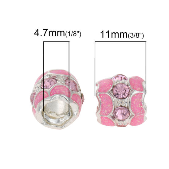 Immagine di Lega di Zinco Stile EuropeoFascino Perline Barile Argento Placcato Smalto Rosso Strass Circa 11mm x 10mm, Foro: Circa 4.7mm, 10 Pz