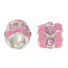 Picture of Zinc Metal Alloy European Style Large Hole Charm Beads Barrel Silver Plated Pink Enamel Pink Rhinestone About 11mm x 10mm, Hole: Approx 4.7mm, 10 PCs
