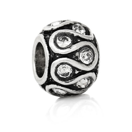 Zinc Metal Alloy European Style Large Hole Charm Beads Barrel Antique Silver Color Pattern Carved Clear Rhinestone About 11mm x 8mm, Hole: Approx 5.1mm, 10 PCs