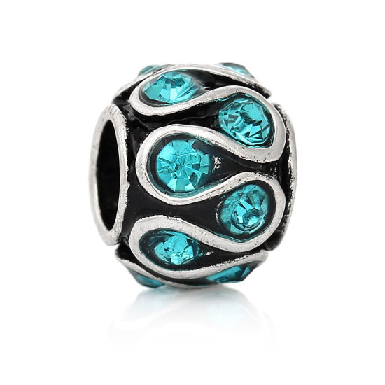 Picture of Zinc Metal Alloy European Style Large Hole Charm Beads Barrel Antique Silver Color Pattern Carved Blue Rhinestone About 11mm x 8mm, Hole: Approx 5.1mm, 10 PCs