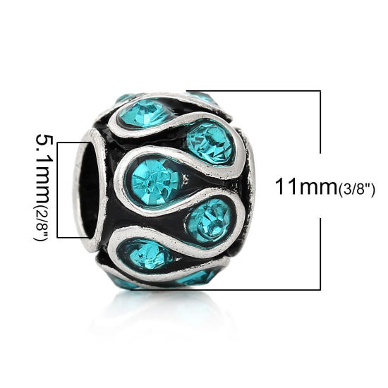 Picture of Zinc Metal Alloy European Style Large Hole Charm Beads Barrel Antique Silver Color Pattern Carved Blue Rhinestone About 11mm x 8mm, Hole: Approx 5.1mm, 10 PCs