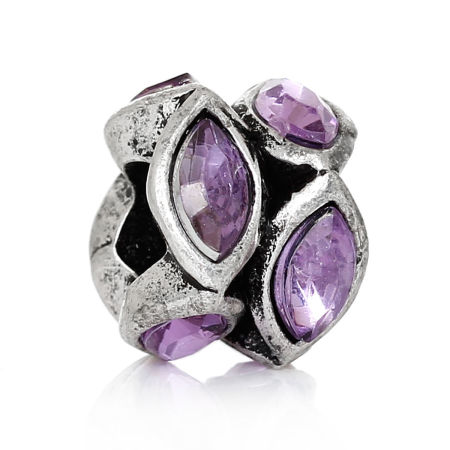 Zinc Metal Alloy European Style Large Hole Charm Beads Oval Antique Silver Color Purple Rhinestone About 12mm x 12mm, Hole: Approx 5mm, 10 PCs