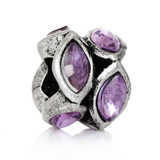 Picture of Zinc Metal Alloy European Style Large Hole Charm Beads Oval Antique Silver Color Purple Rhinestone About 12mm x 12mm, Hole: Approx 5mm, 10 PCs