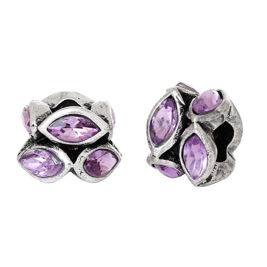 Picture of Zinc Metal Alloy European Style Large Hole Charm Beads Oval Antique Silver Color Purple Rhinestone About 12mm x 12mm, Hole: Approx 5mm, 10 PCs