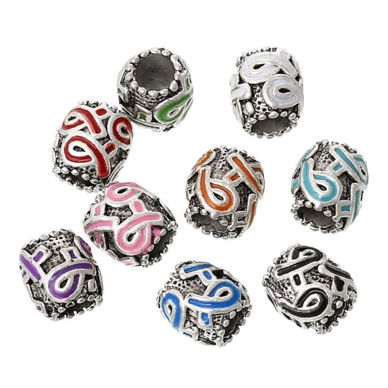 Picture of Zinc Metal Alloy European Style Large Hole Charm Beads Barrel Antique Silver Color Ribbon Carved At Random Mixed Enamel About 11mm x 11mm, Hole: Approx 5.6mm, 10 PCs