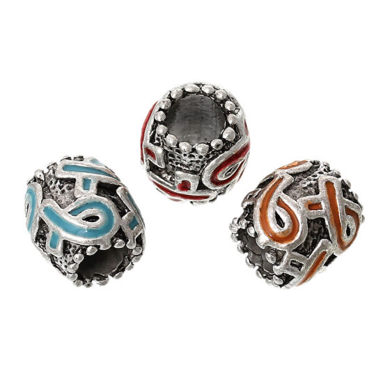 Picture of Zinc Metal Alloy European Style Large Hole Charm Beads Barrel Antique Silver Color Ribbon Carved At Random Mixed Enamel About 11mm x 11mm, Hole: Approx 5.6mm, 10 PCs