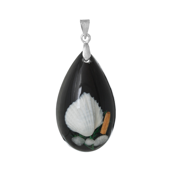 Picture of Resin Charm Pendants Teardrop Black Made With Real Shell Pattern 4.2cm x 20.0mm, 3 PCs