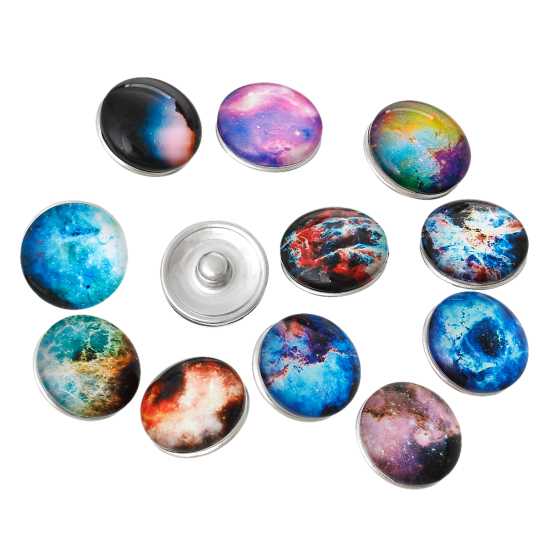 Image de 18mm Bouton Pression Cabochon en Verre Forme Rond Argent Mat Couleur Au Hasard Etoiles pour Bracelet Bouton Pression, Taille de Poignée: 5.5mm, 6 Pcs